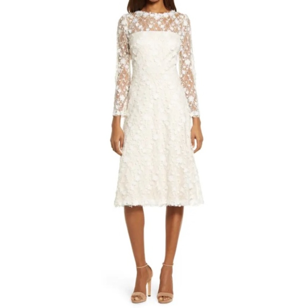 Tadashi Shoji Long Sleeve Lace Cocktail Dress in Ivory/Petal Size 14 NWT